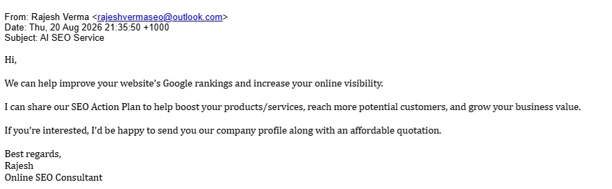 Tech Zenon IT Indan SEO spammer email from outlook.com